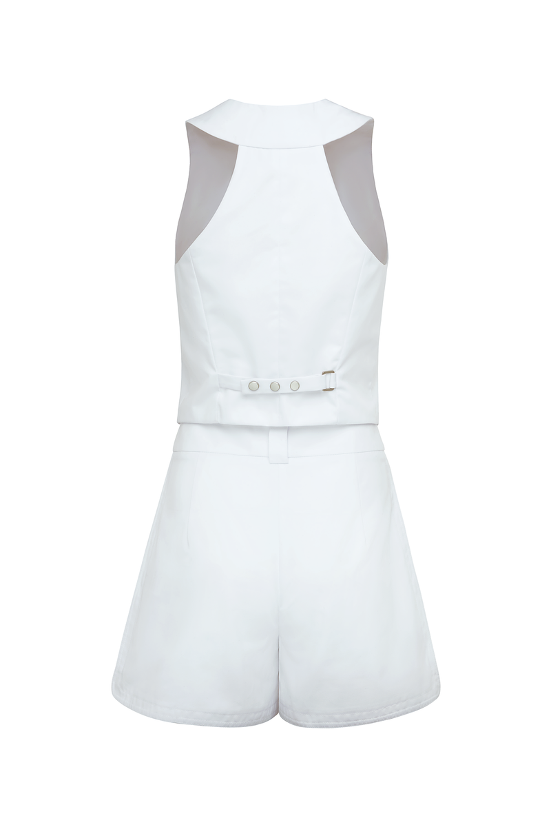 Back side of white cropped vest with metal buttons on half-belt